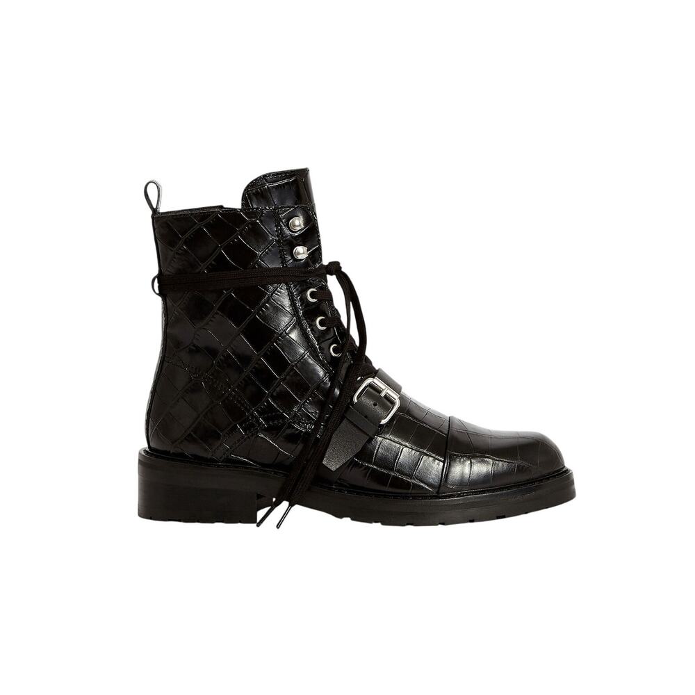 Allsaints Croc Embossed Black Donita Combat Boots Size US 7